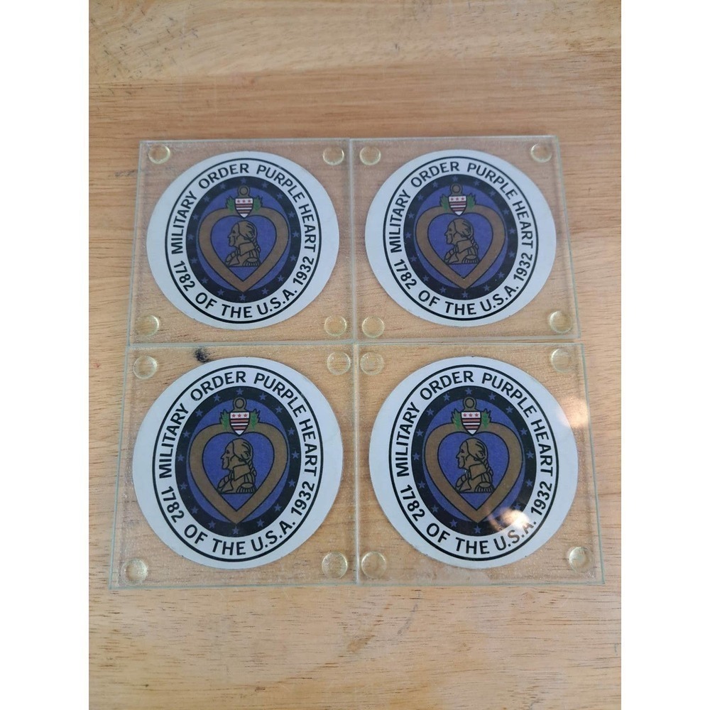 Military Purple Heart emblem set of 4 hand crafted glass circle cup coasters